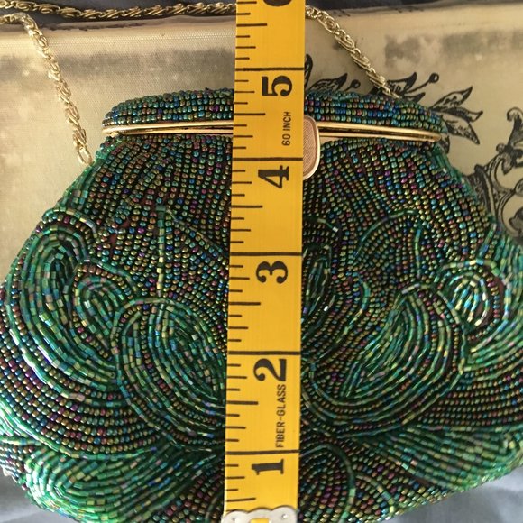 VINTAGE Green Beaded Mini Bag Shoulder Crossbody Clutch Convertible - Picture 13 of 16